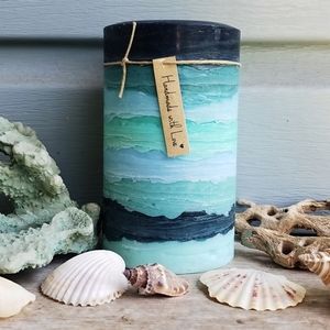 Blue Teal Seafoam Green Aqua Decorative Beach Pillar Candle (Made to Order)